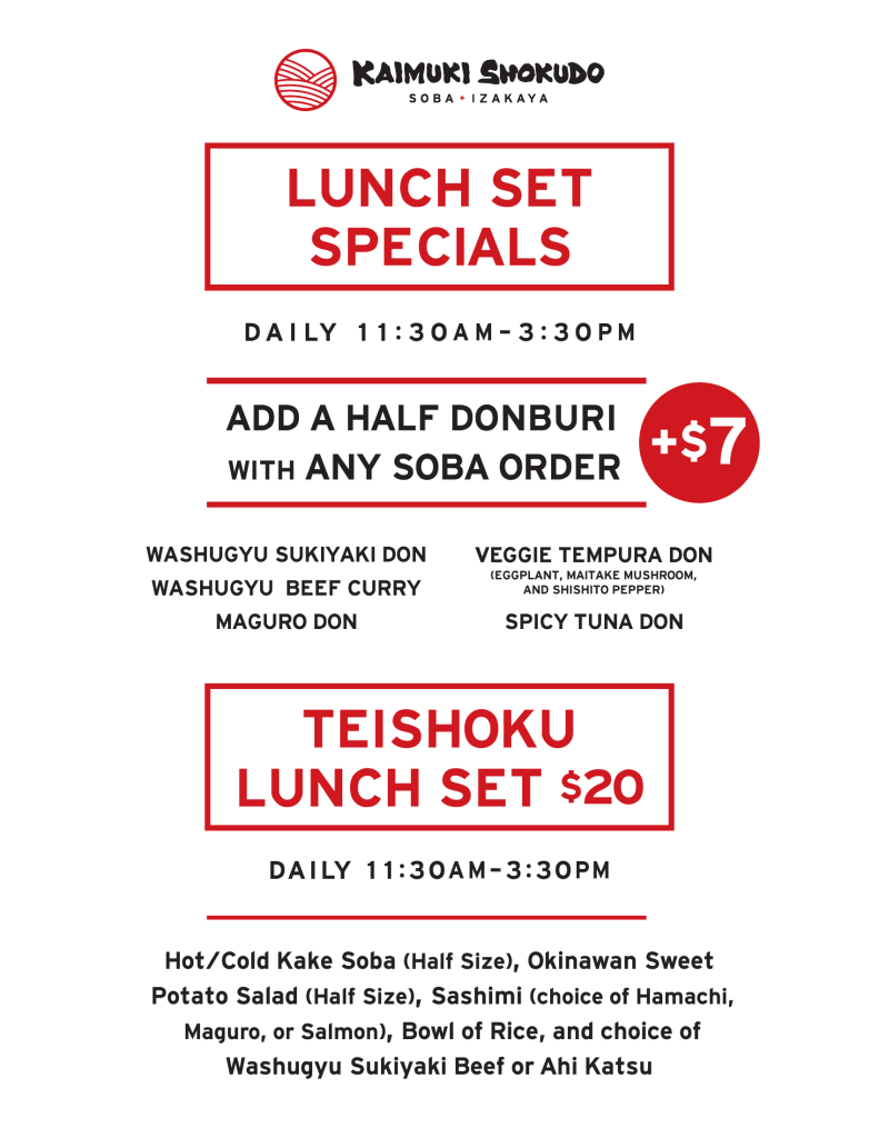 Kaimuki Shokudo Dinner Menu featuring Charcoal Grill, Soba Noodle, Tempura, Rice Dishes, and Dessert sections. Items include Kakuni Char-siu, Hamachi Kama, Ichibo Steak, Wakana Soba, Uni Soba, Mentaiko Pasta, Salmon Tempura, Unagi Tempura, Kamameshi, Maguro Donburi, Uni Ikura Donburi, Kabocha Zenzai, and Honey Toast.