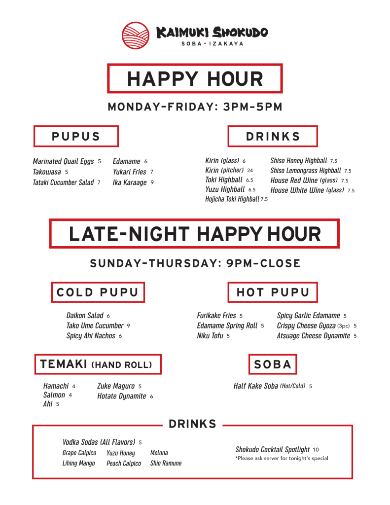 Kaimuki Shokudo Drink Menu featuring Cocktails, Beer, Wine, Highball, Sake, Spirits, and NA Beverages. Signature items include Yuzu Drop, Daily Whisk Matcha Sour, Shokudo's Aged Old Fashioned, Kirin and Orion beer, Sake Flight, premium Shochu, and non-alcoholic options like Peach Iced Tea and Melon Float.