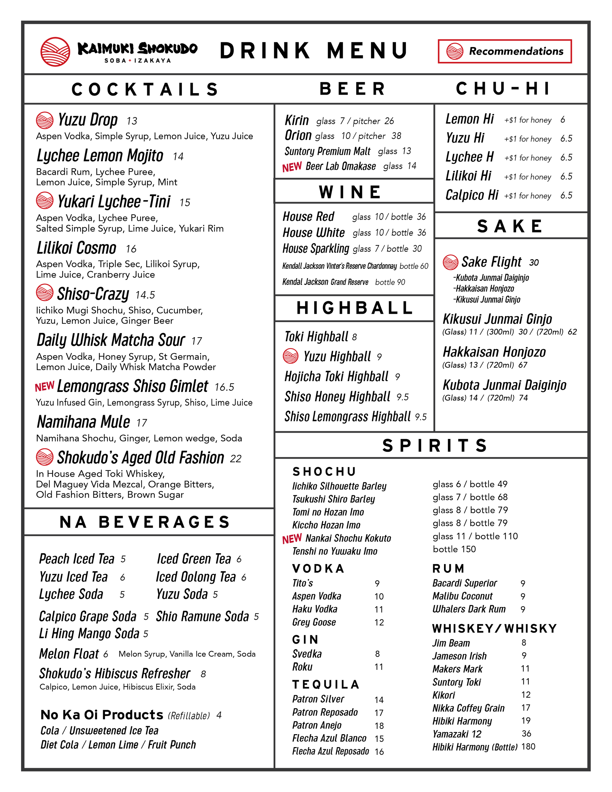 Kaimuki Shokudo drink menu featuring Japanese cocktails, beer, chu-hi, sake, highballs and spirits